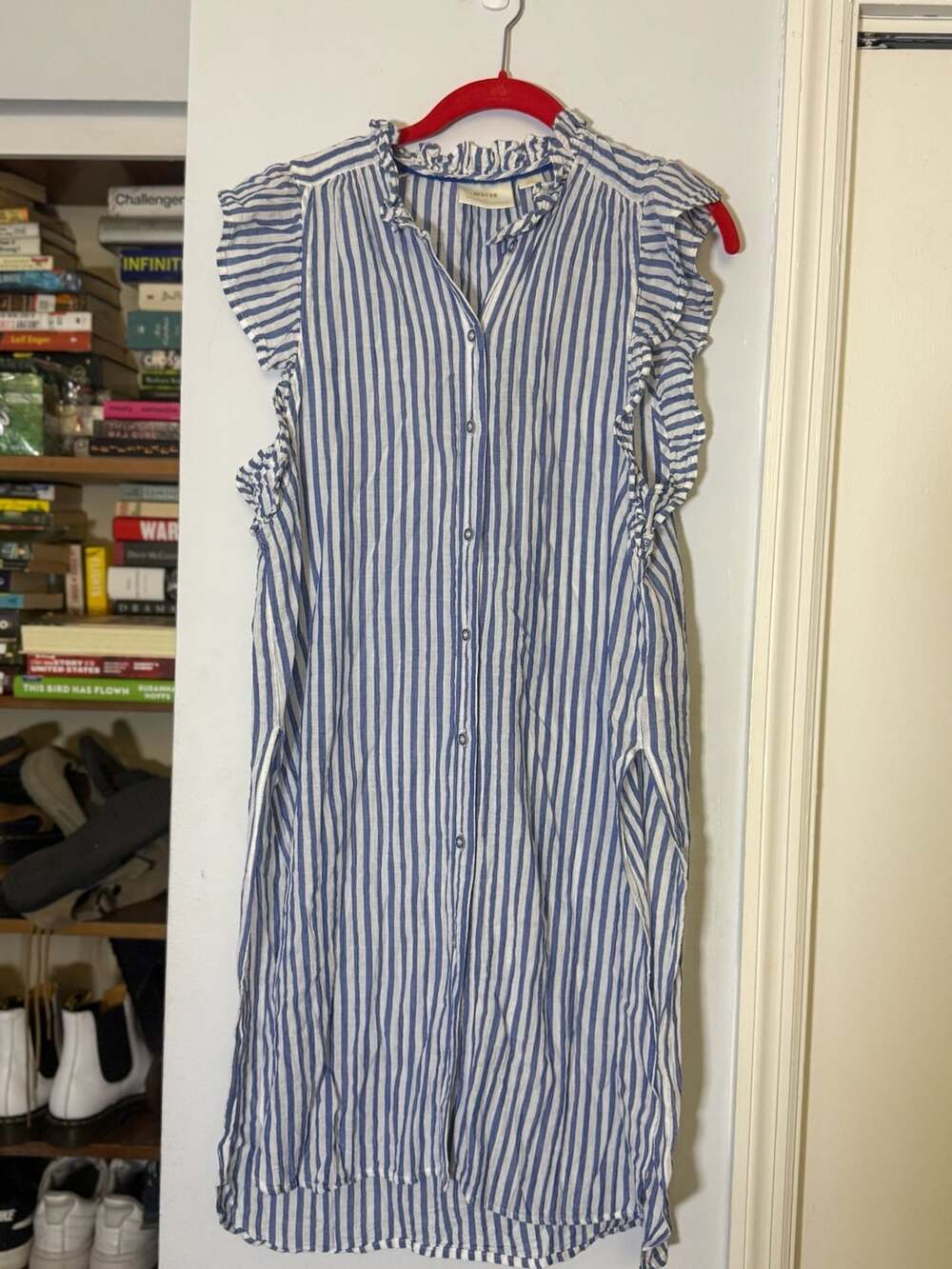 Maeve by Anthropologie Dress Size LP Blue White Striped Ruffle Sleeve